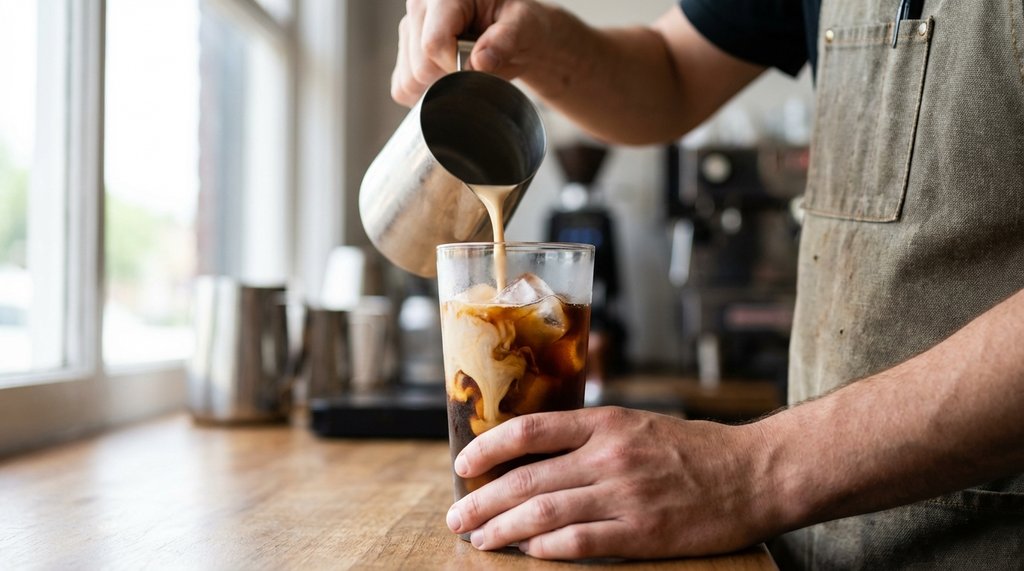 Oat Milk and Almond Milk Being Poured Into Iced Coffee