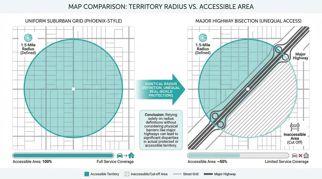 Territory radius map comparison diagram