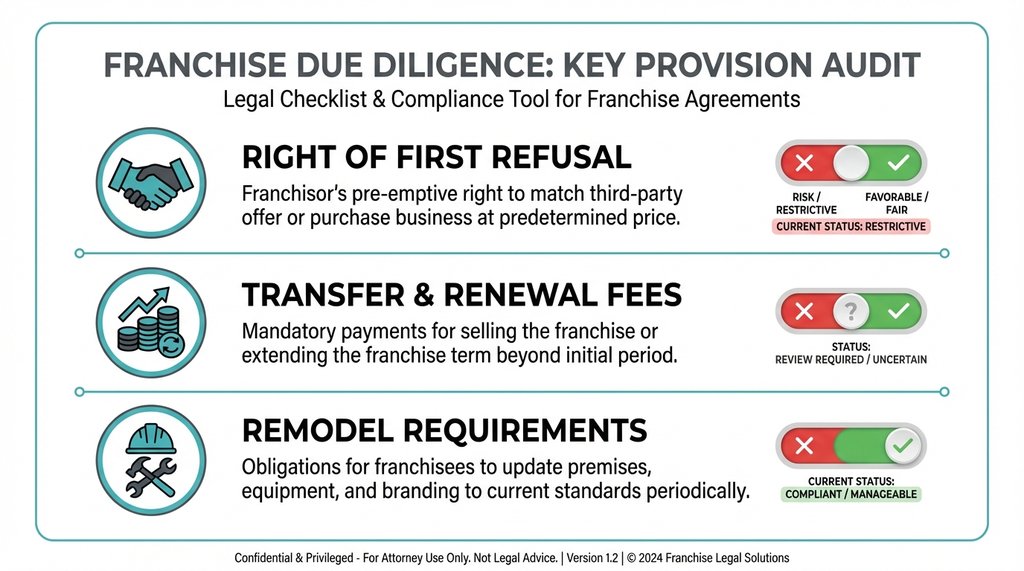 Franchise agreement key clauses checklist infographic