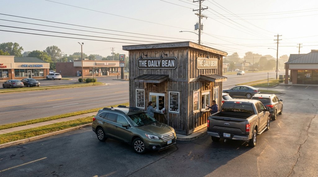 Suburban drive-thru coffee location with morning commuter traffic