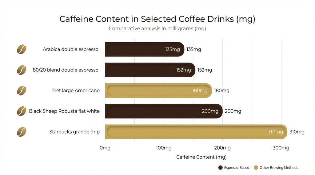 Caffeine content comparison infographic Robusta vs Arabica vs chain coffees