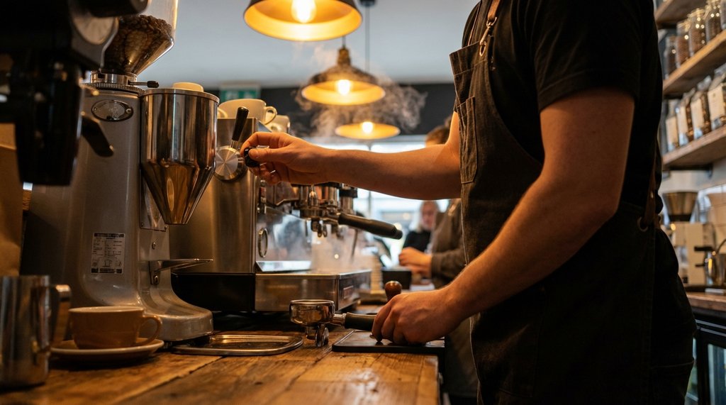Barista dialing in espresso shot at Black Sheep Coffee style cafe