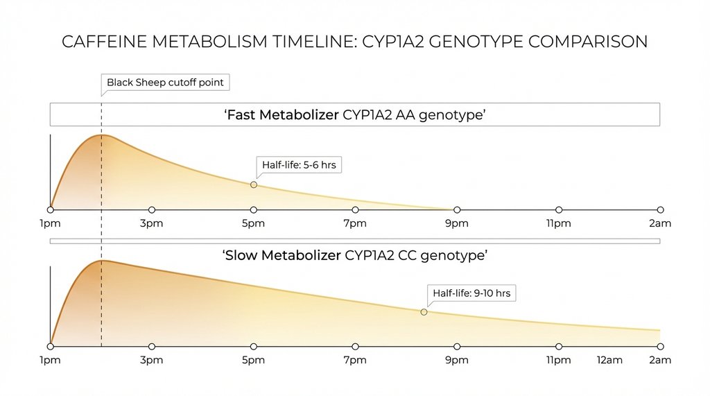 Caffeine half-life clearance timeline infographic slow vs fast metabolizer