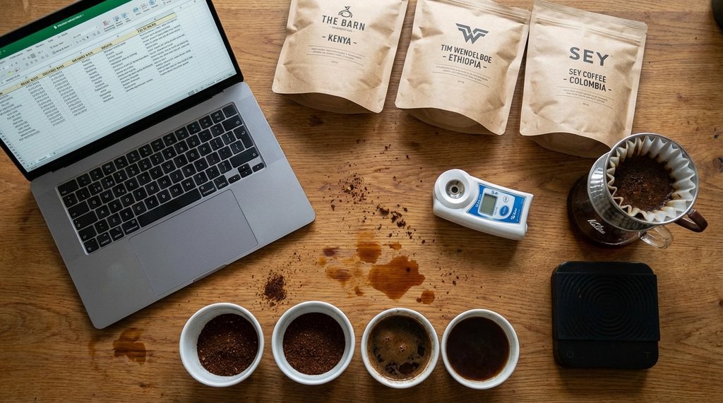 Coffee testing spreadsheet and cupping setup