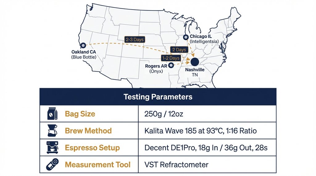 Infographic of coffee subscription testing methodology and geographic shipping map