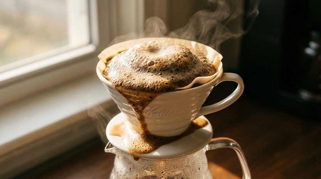 Vigorous coffee bloom in a Kalita Wave pour-over dripper