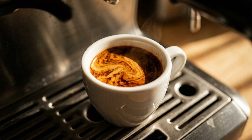 Perfect espresso shot with tiger-striped crema after recalibration