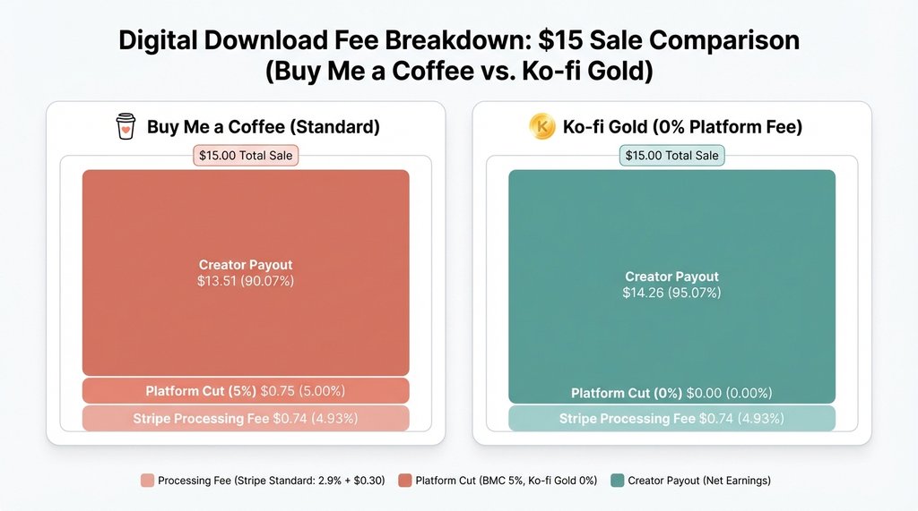 Fee comparison infographic for Buy Me a Coffee vs Ko-fi on a $15 sale