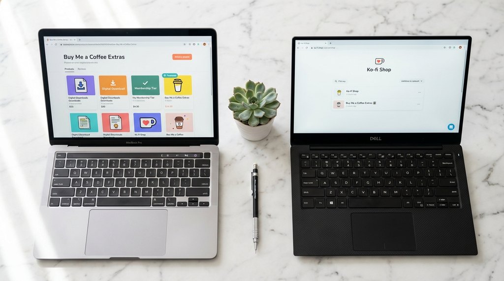 Side-by-side comparison of Buy Me a Coffee and Ko-fi digital shop product page layouts