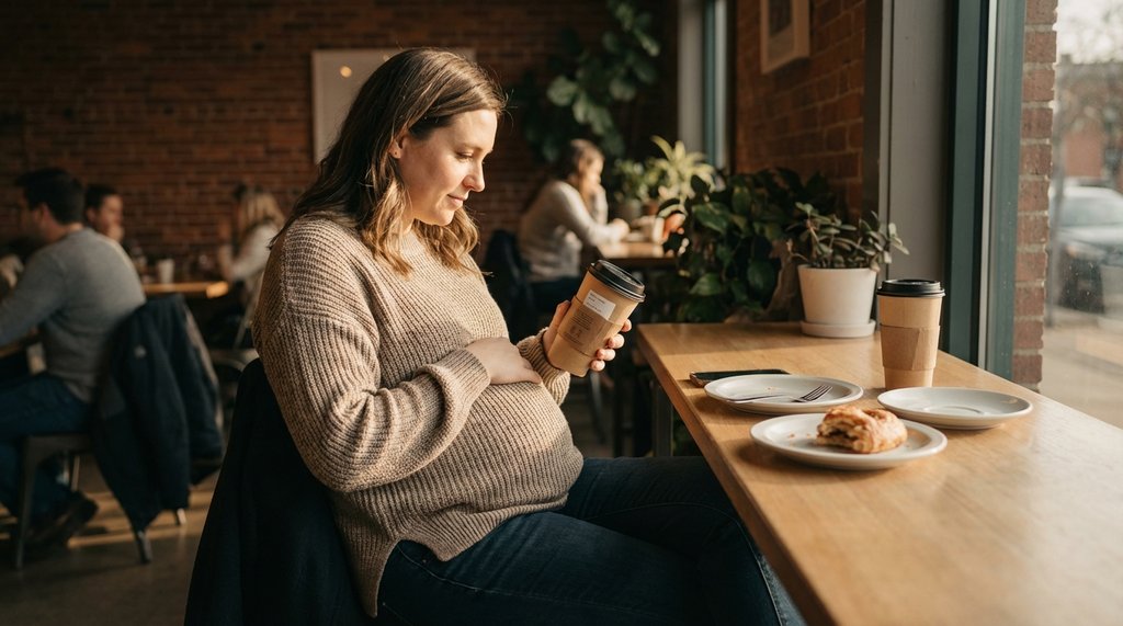 Pregnant woman reviewing coffee label in a café