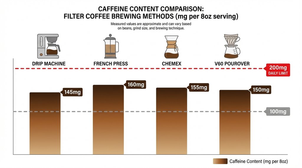 Infographic comparing caffeine content across filter coffee brewing methods