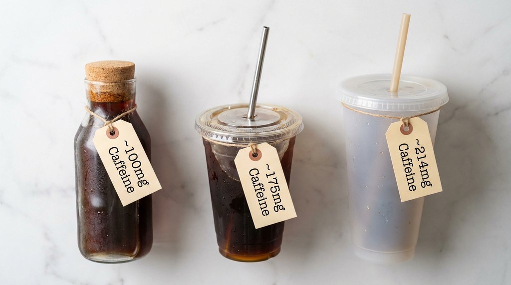 Cold brew coffee in various container sizes with caffeine warning labels
