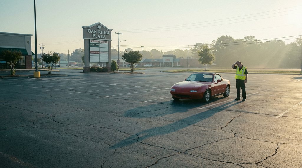 Empty shopping center parking lot at dawn