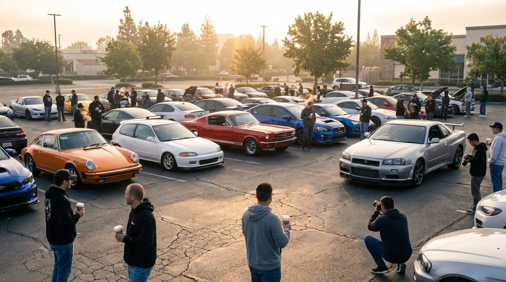 Busy Cars and Coffee meetup event with exotic and sports cars