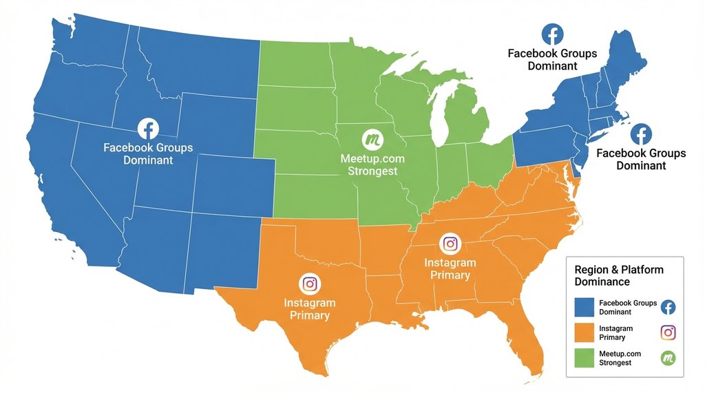 US regional map infographic showing dominant C&C social platforms by region