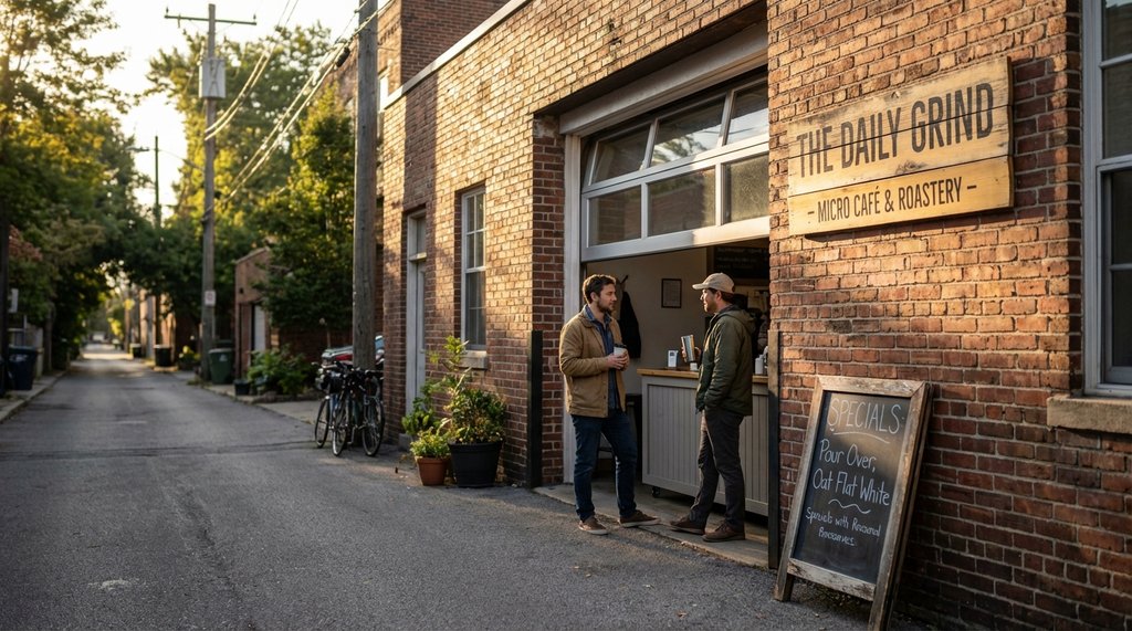 Micro coffee shop exterior in converted urban space