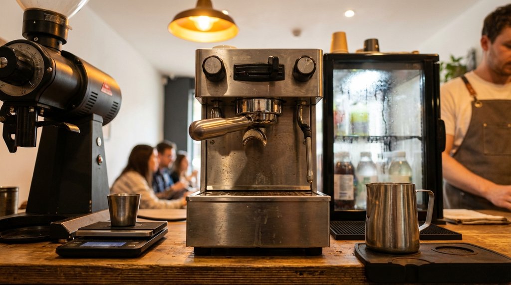 Compact espresso bar setup with grinder and accessories