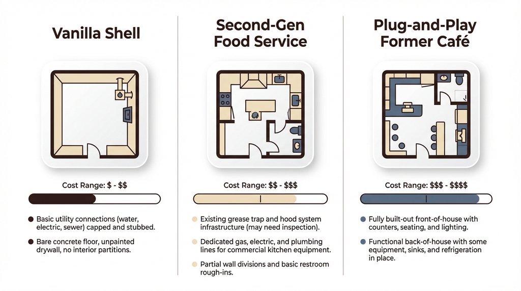 Infographic comparing three café buildout scenarios and cost ranges