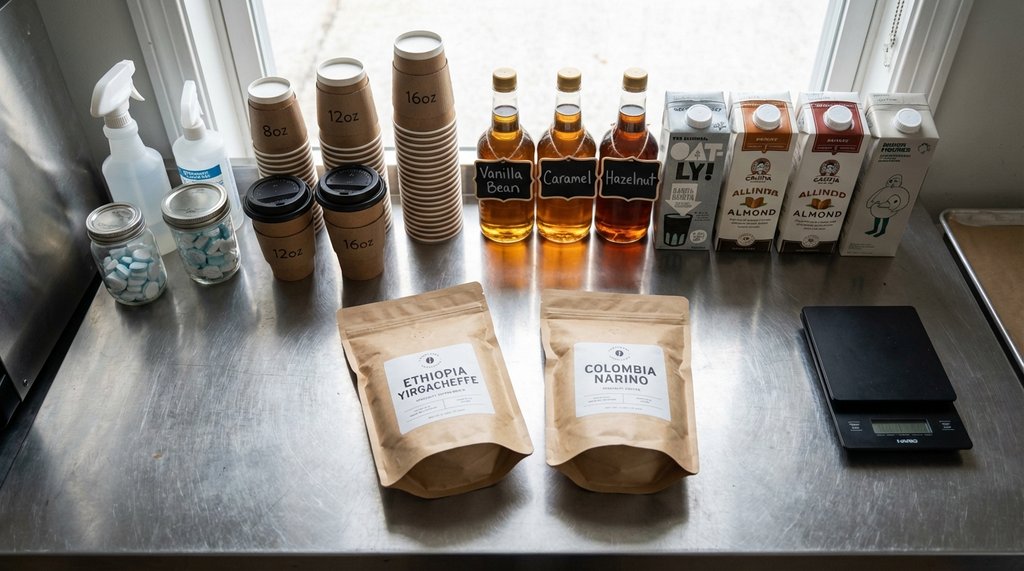 Coffee shop opening inventory laid out on a prep counter