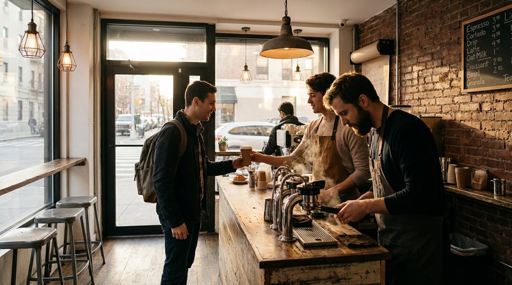 Two baristas working in a small focused micro café interior