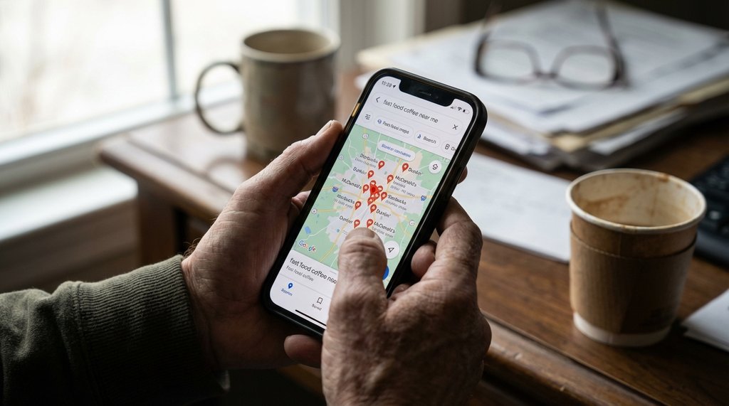 Frustrated Google Maps coffee search on smartphone