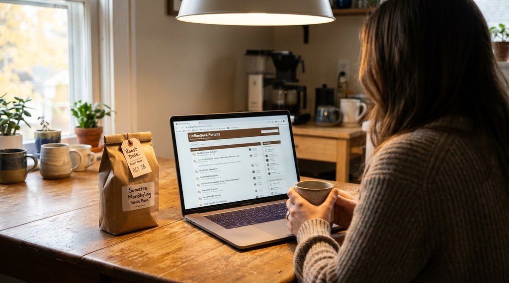 Person browsing specialty coffee community on laptop at home