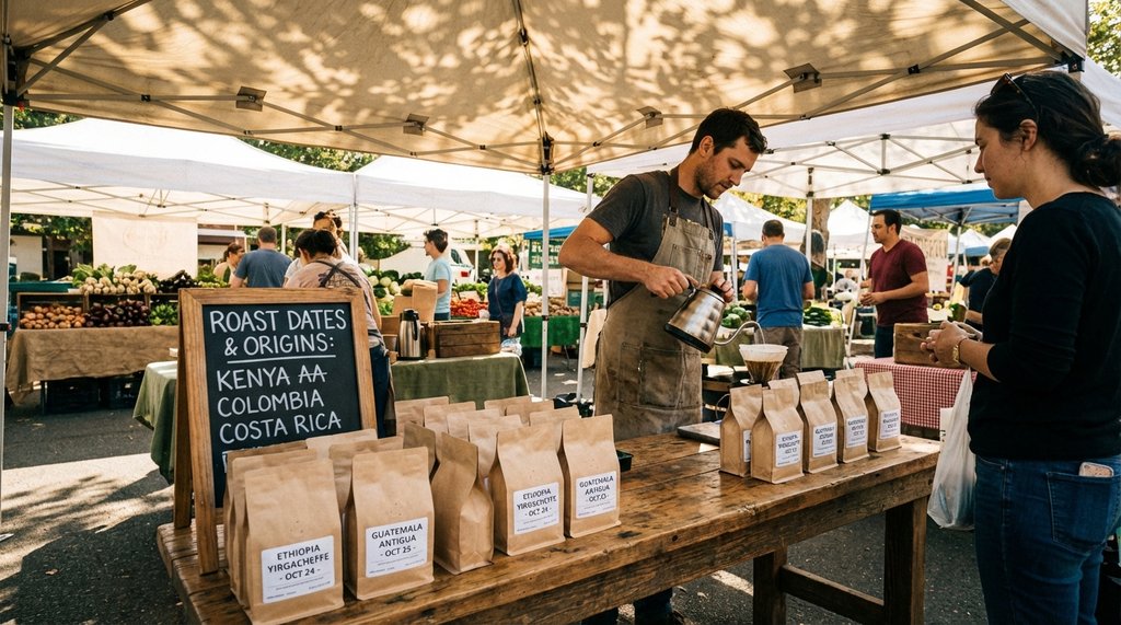 Specialty coffee roaster booth at a Saturday farmers market