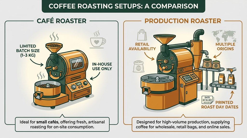 Small 1kg drum roaster in a café versus large production Probat roaster comparison