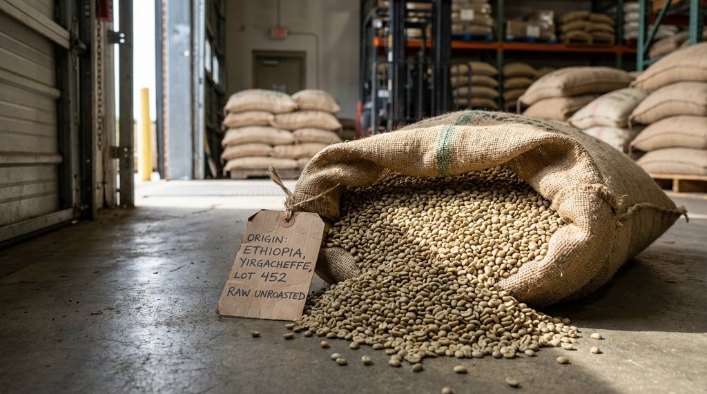 Green unroasted coffee beans in burlap sacks at a warehouse