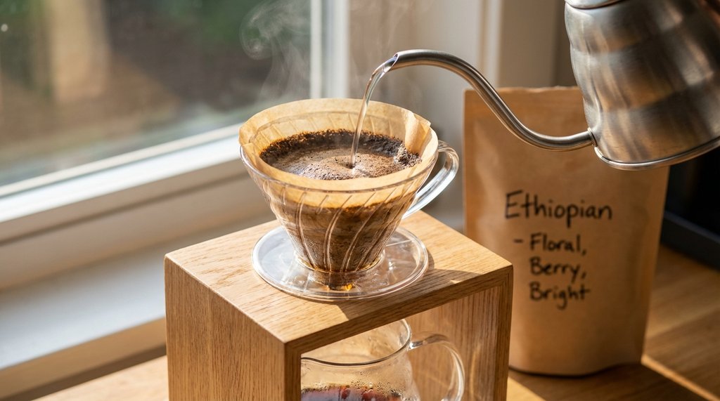Hario V60 pour-over brewing setup with Ethiopian coffee