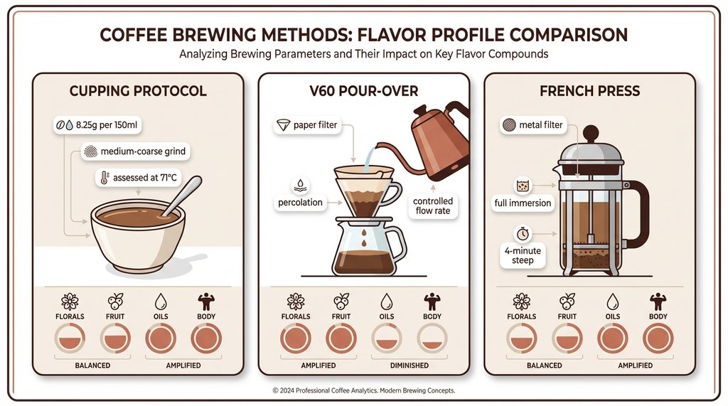 Infographic comparing cupping table protocol to V60 and French press extraction