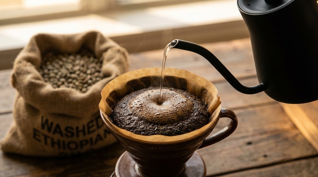 Washed Ethiopian coffee beans and a blooming V60 pour-over