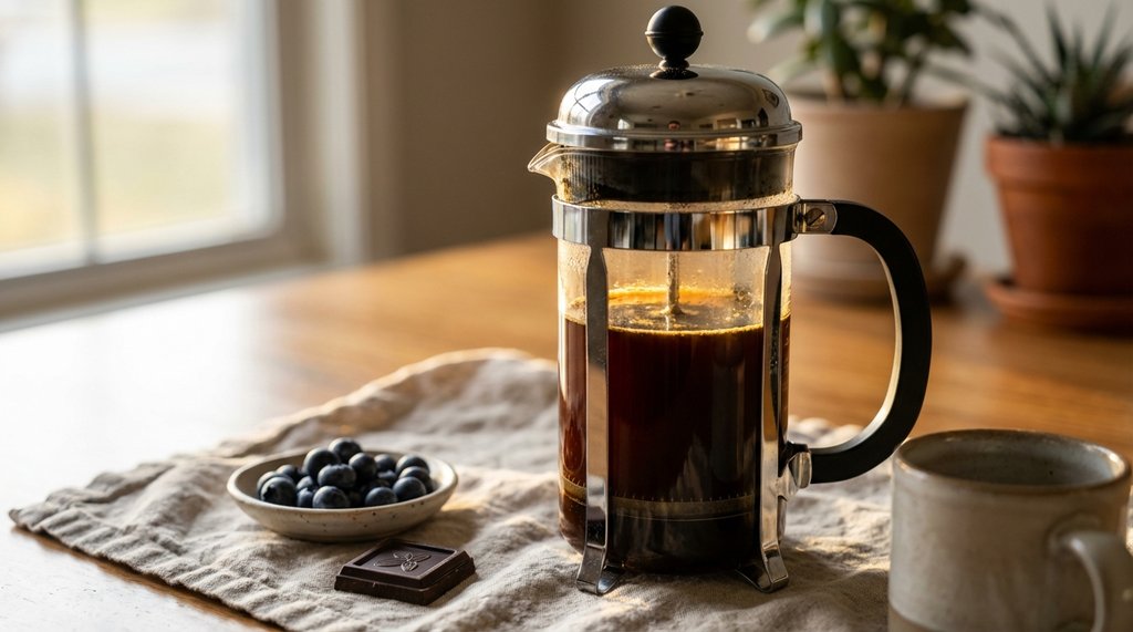 French press brewing natural Ethiopian Yirgacheffe coffee