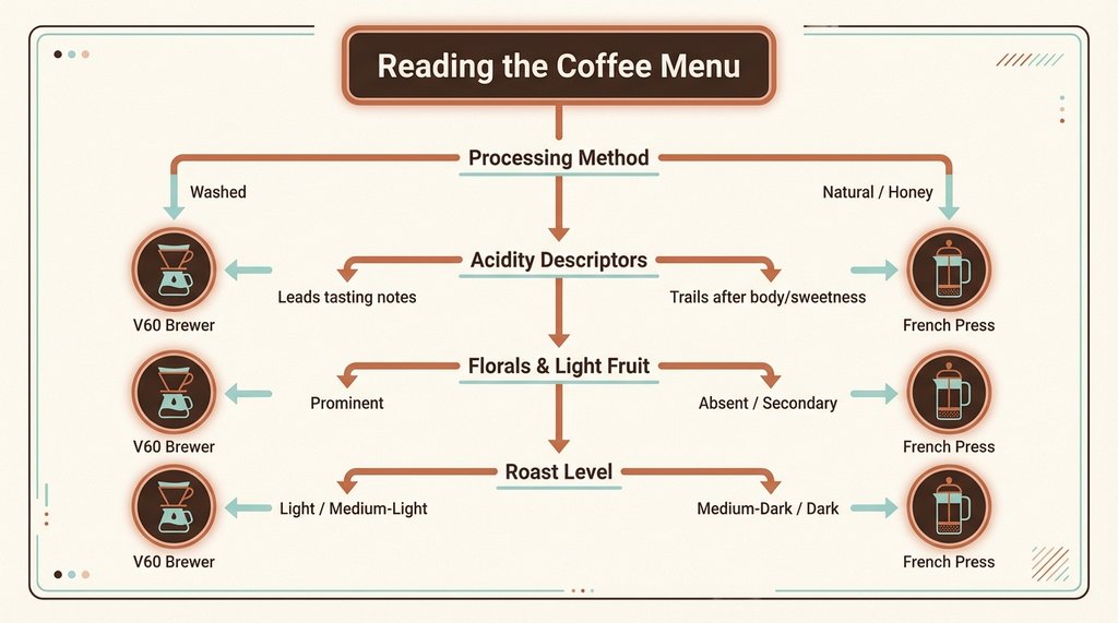 Infographic decision tree for matching coffee tasting notes to brewing method