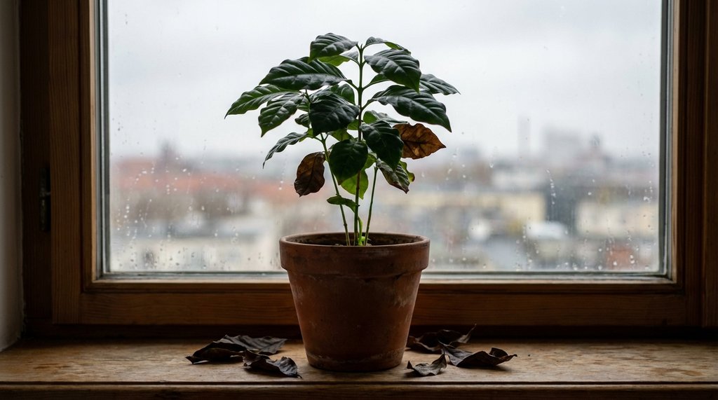 Potted Coffea arabica near apartment window with fallen leaves