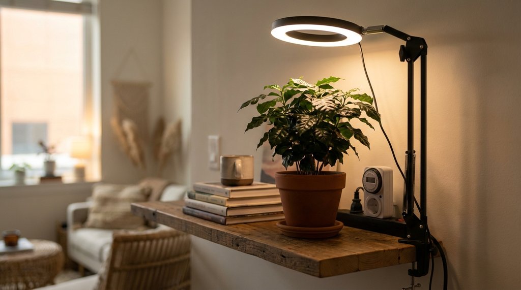 Full-spectrum LED grow light positioned above a coffee plant indoors
