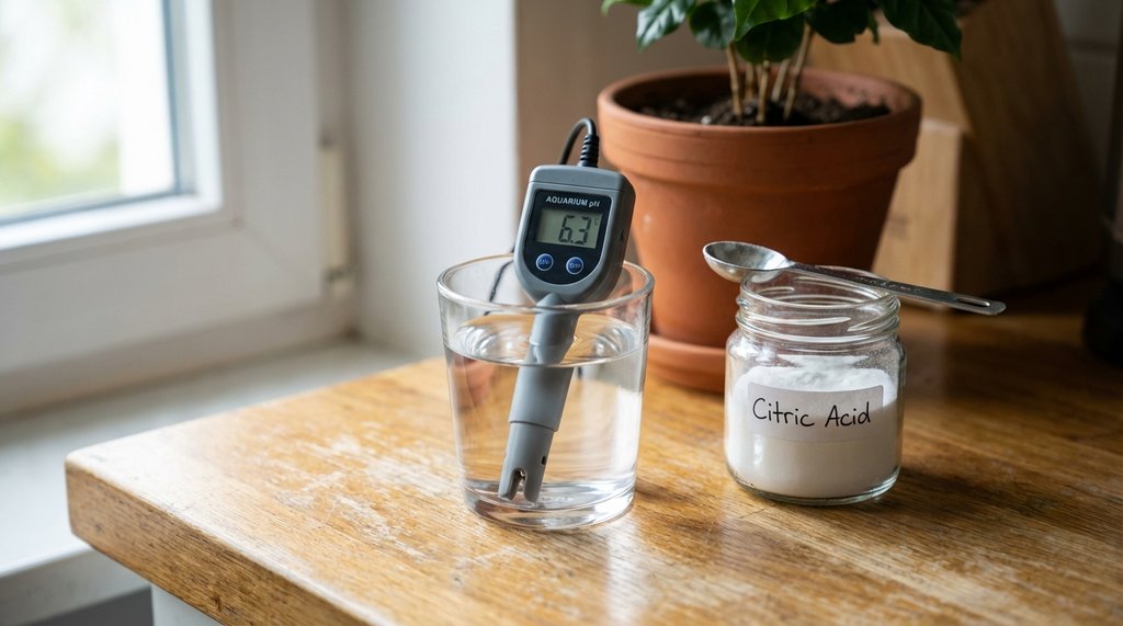 pH meter in a glass of water next to a small jar of citric acid and a coffee plant