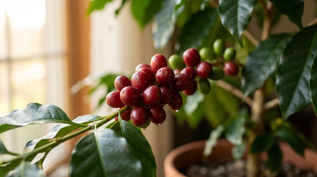Fourteen ripe red coffee cherries on a Coffea arabica plant indoors