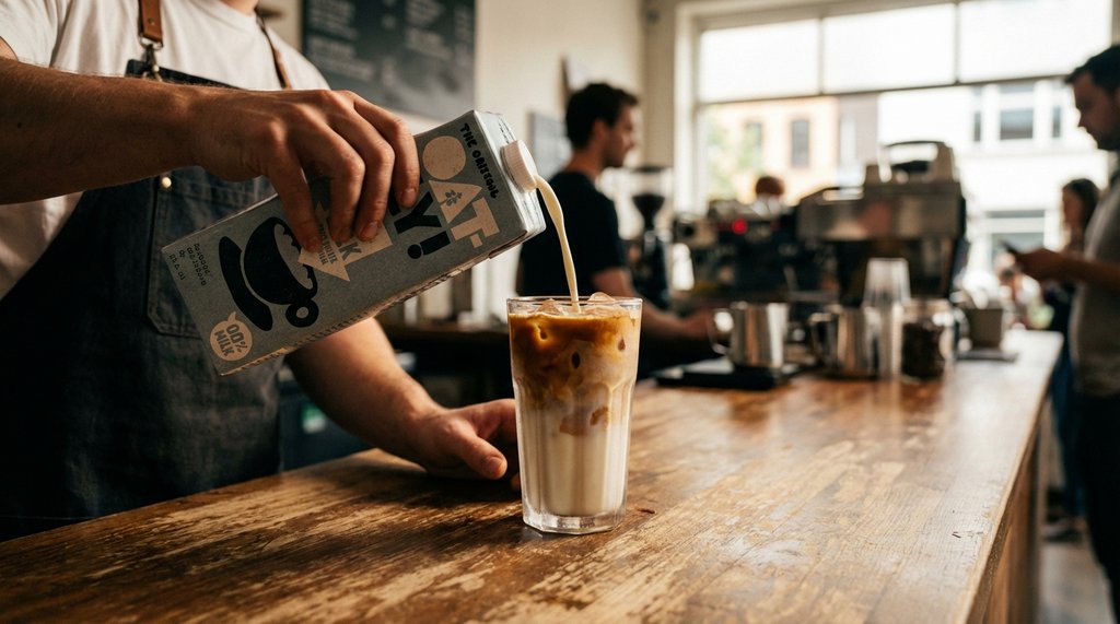 Barista preparing oat milk iced latte at a café counter
