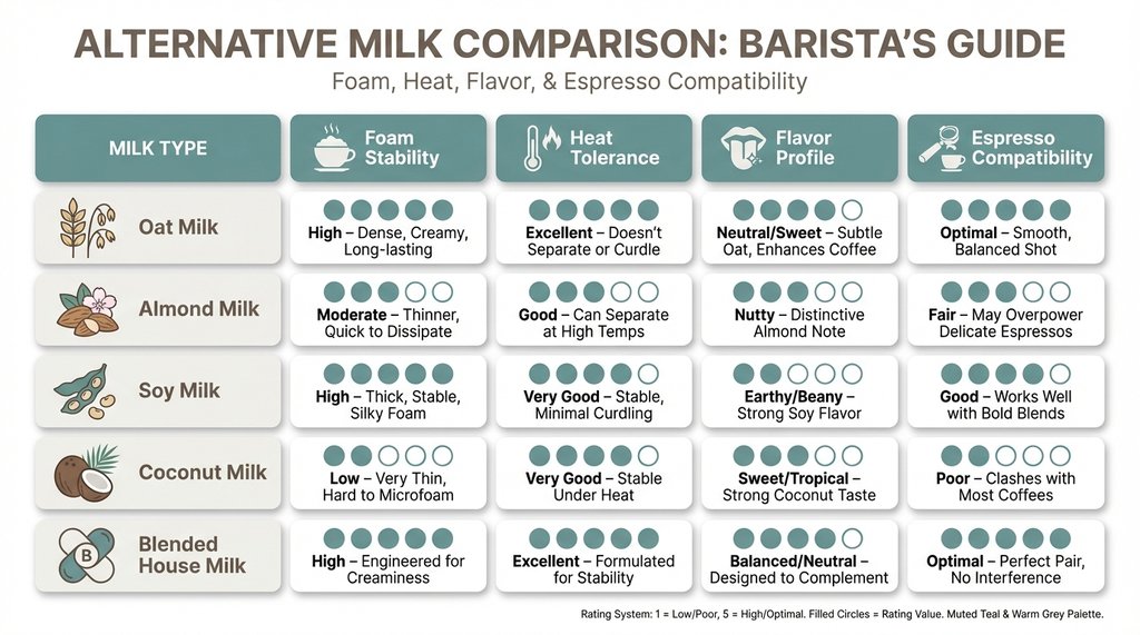 Infographic comparing alt-milk types and their espresso compatibility