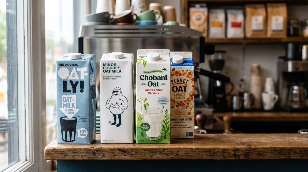 Close-up of oat milk barista cartons lined up on a café shelf