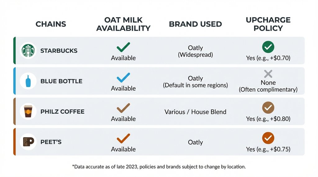 Stylized comparison chart of coffee chain oat milk policies