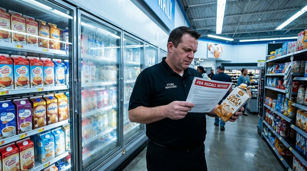 Grocery store dairy aisle with coffee creamers and a recall notice