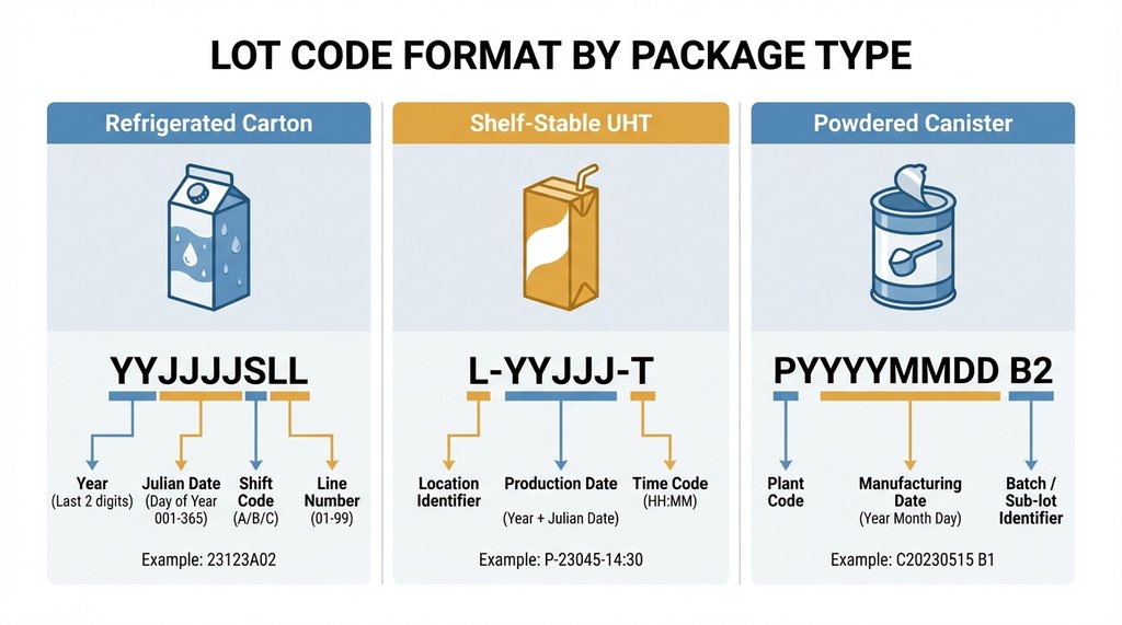 Infographic comparing lot code formats across three coffee creamer package types