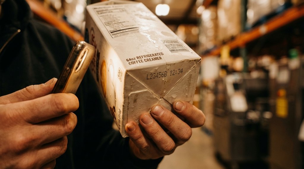 Close-up of a person examining a coffee creamer carton lot code under direct light