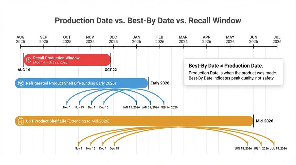 Infographic timeline showing production date versus best-by date versus recall window