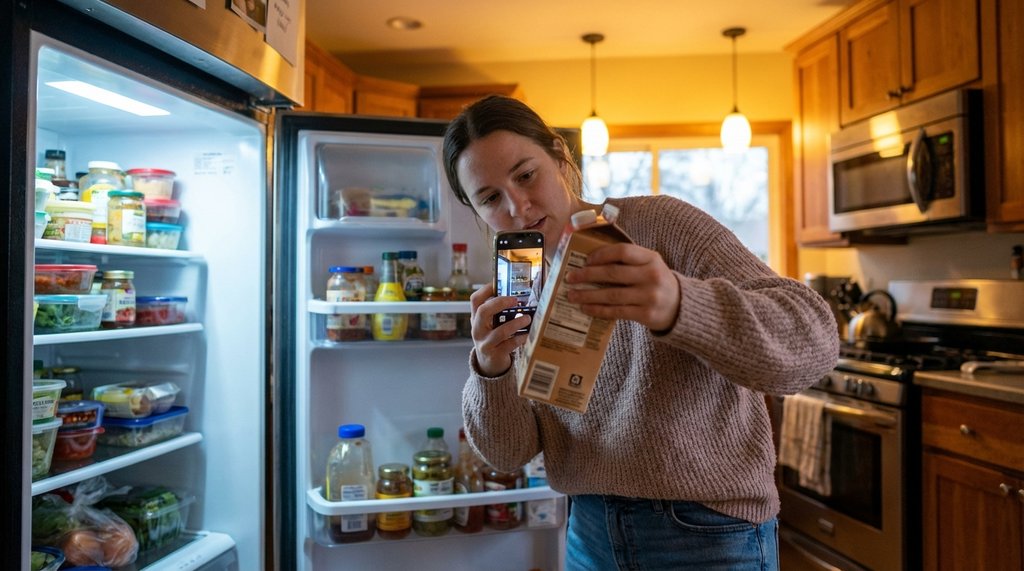 Person checking a coffee creamer lot code inside a home refrigerator