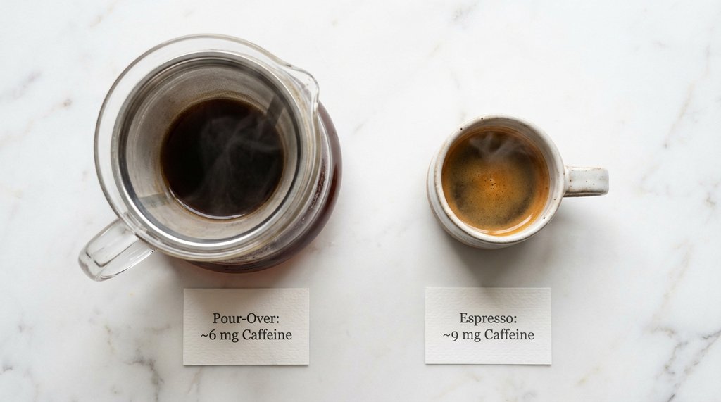Side-by-side drip coffee and espresso with caffeine comparison callouts