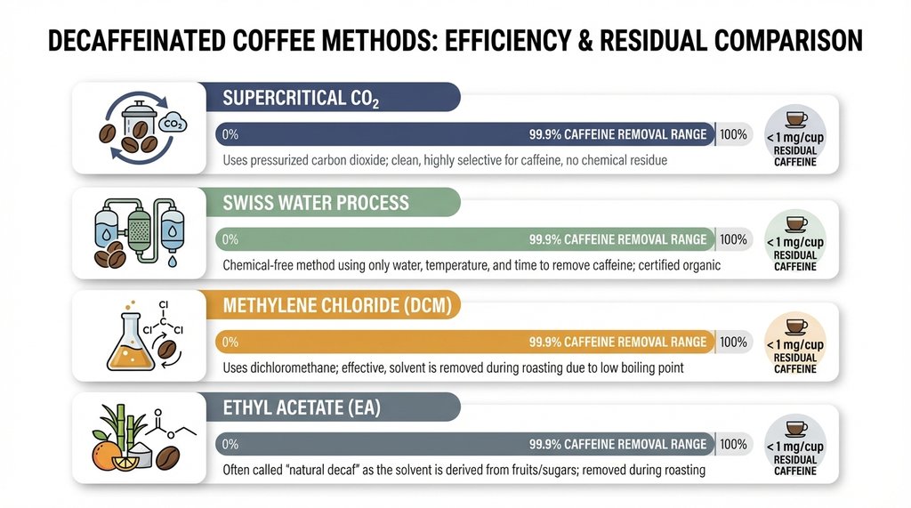 Comparison infographic of four decaffeination methods and their caffeine removal rates