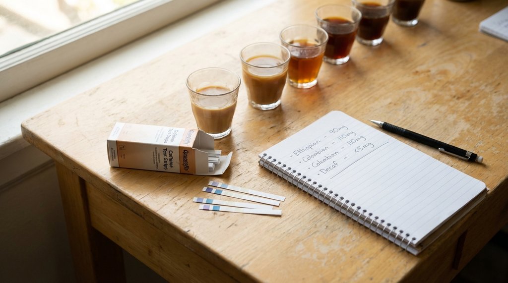 Home coffee testing setup with Quantofix strips and sample cups